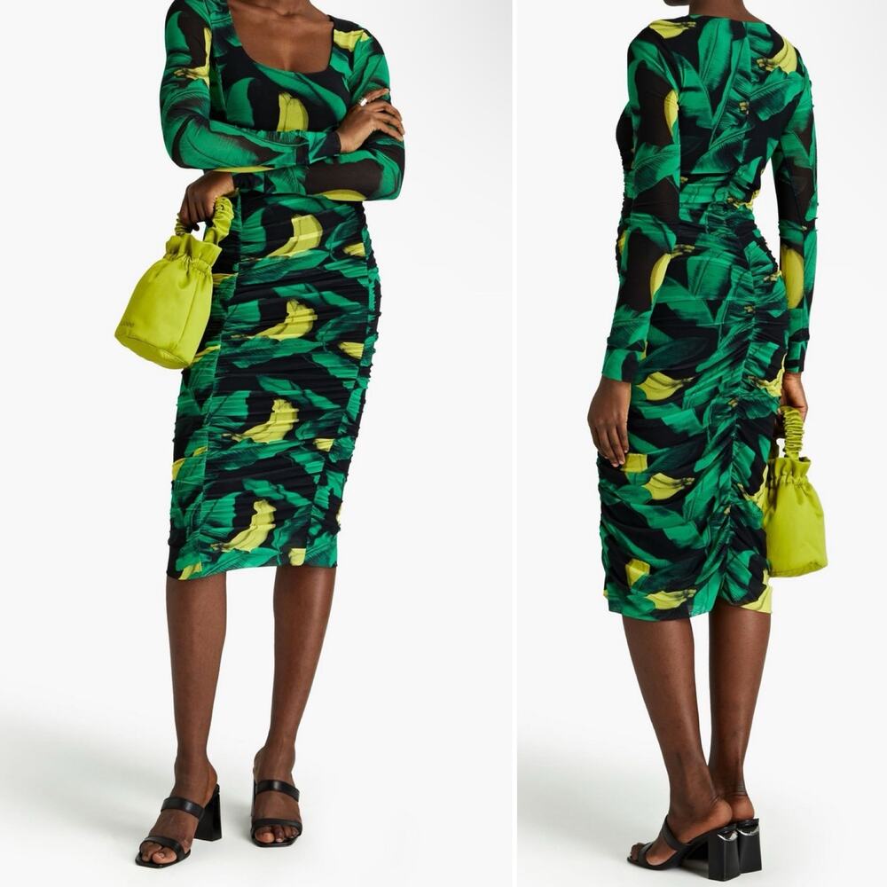 NWT GANNI Ruched Tropical Print Stretch-Mesh Midi Dress Sz. 8 - Picture 2 of 6